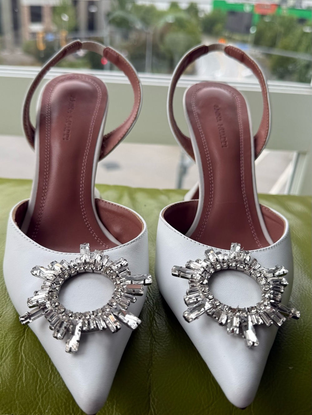 Amina Muaddi White Crystal-Embellished Slingbacks-new with minor defects - Picture 3 of 9